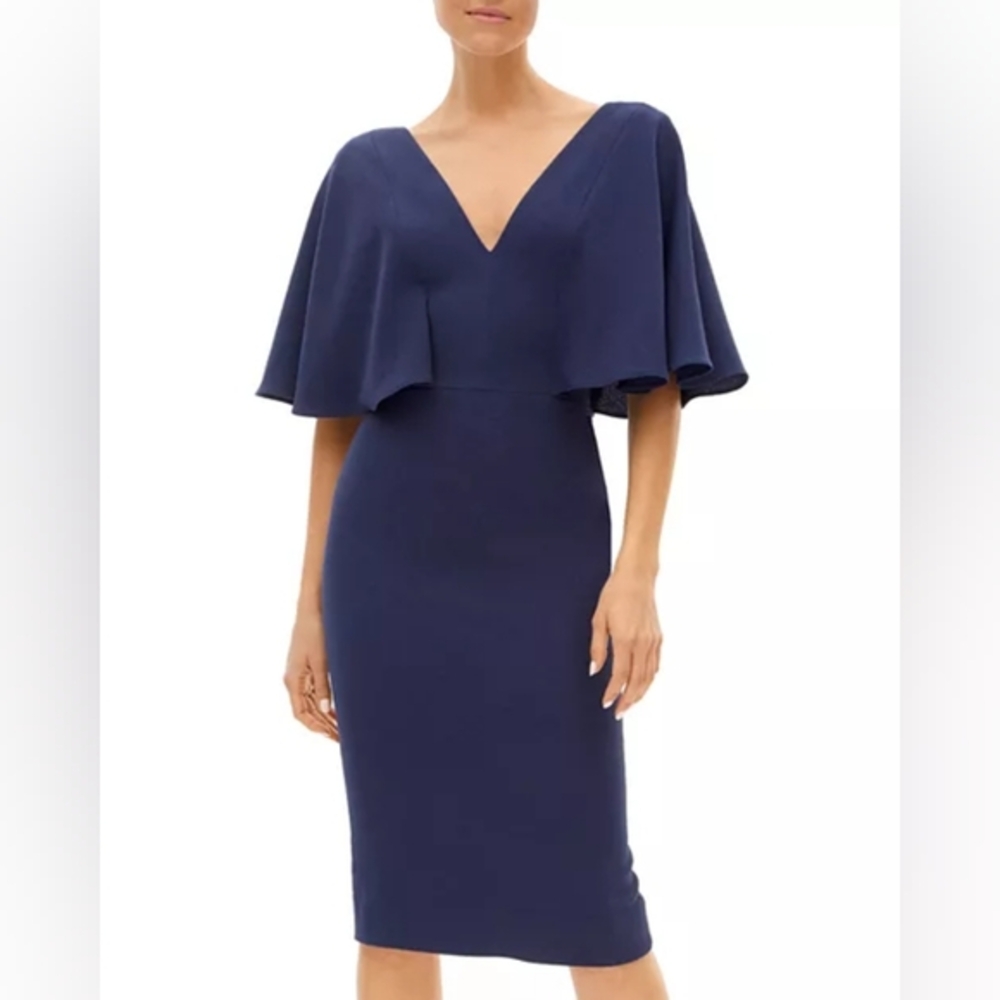 Dress the Population‎ Dress Womens XS Navy Louisa Flutter Sleeve Sheath V Neck